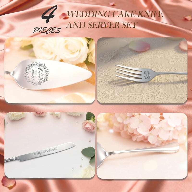 kingump 4 Piece Wedding Cake Cutting Set, Knife and Server with Forks, Elegant Wedding Cake Knife and Server Set for Bride and Groom(Silver) - Image 4
